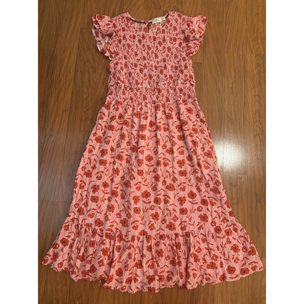 Vineyard Vines Pink Red Floral Smocked Midi Dress Flutter Sleeve Cotton Large